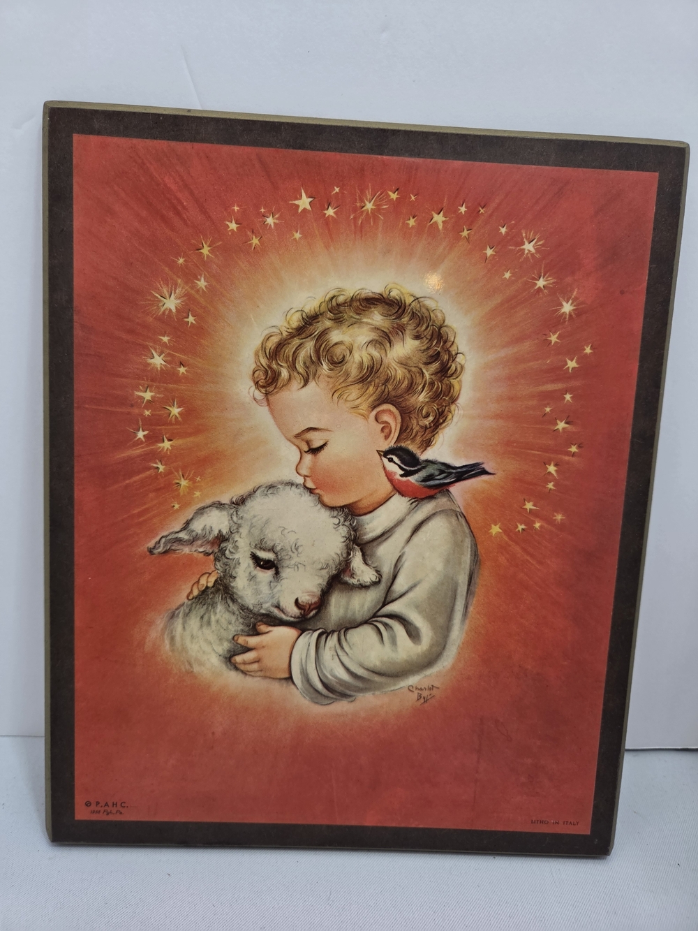 Vintage Italian Wood Plaque Litho Print Child with Lamb & Bird Charlotte Byj